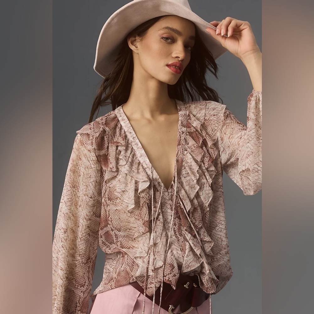 Anthropologie Snake Print Ruffled Blouse V-Neck Long Sleeve Top Size S